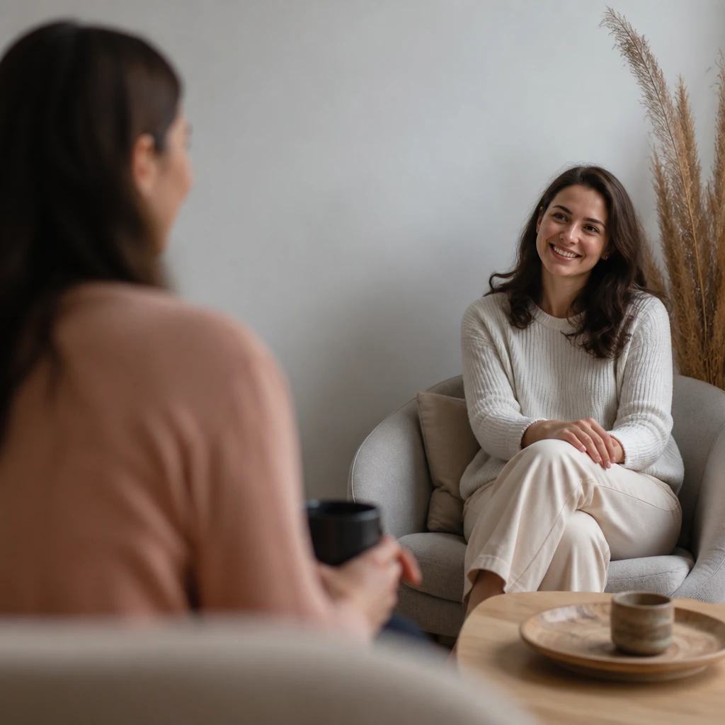 Duas mulheres conversando em um ambiente acolhedor