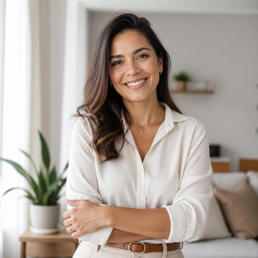 Mulher sorrindo naturalmente em um ambiente doméstico claro